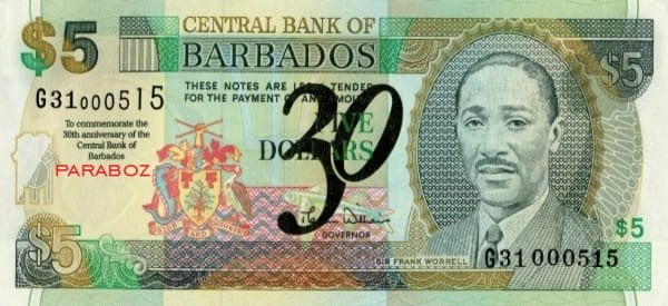 Barbados 5 BBD ön yüz