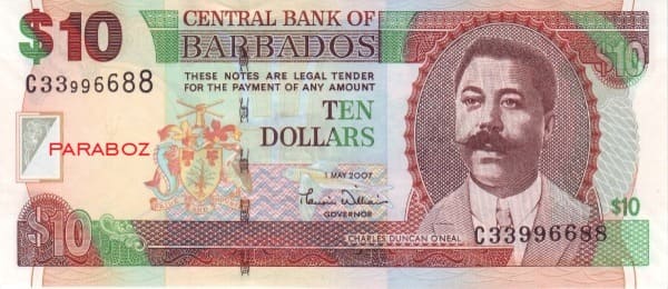 Barbados 10 BBD ön yüz
