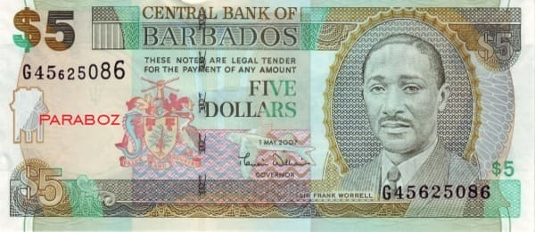 Barbados 5 BBD ön yüz