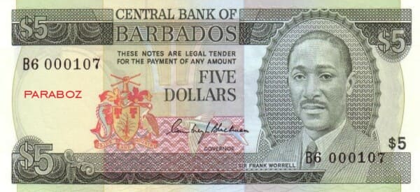 Barbados 5 BBD ön yüz