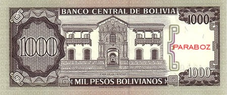 Bolivya 1.000 BOB arka yüz