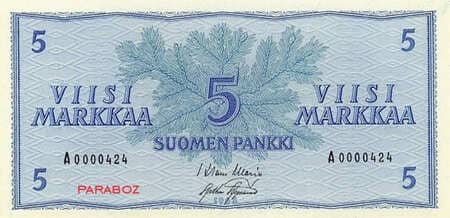 Finlandiya Markkası 5 FIM ön yüz