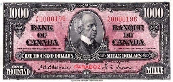 Kanada 1.000 CAD ön yüz