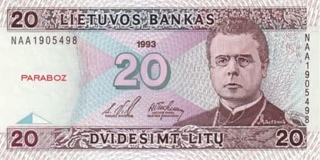 Litvanya Litų 20 LTL ön yüz