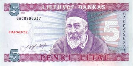 Litvanya Litų 5 LTL ön yüz