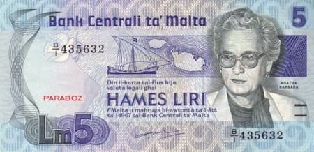 Malta Liri 5 MTL ön yüz