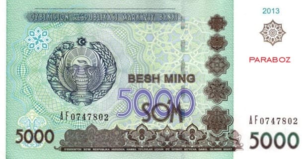 Özbekistan 5.000 UZS ön yüz