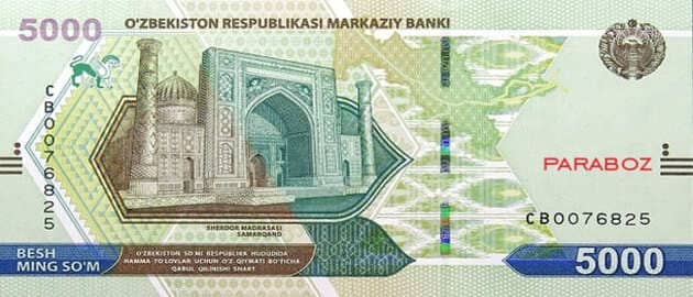 Özbekistan 5.000 UZS ön yüz