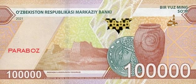Özbekistan 100.000 UZS arka yüz