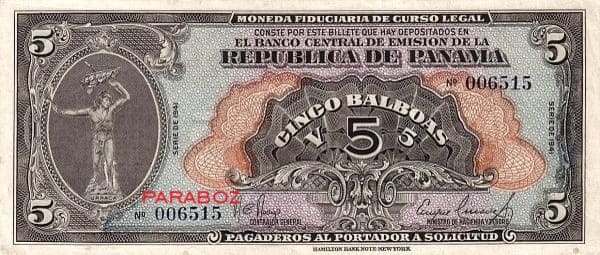 PANAMA 5 Balboas ON 1941